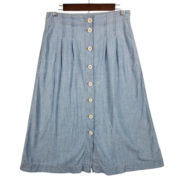 Madewell Chambray Patio Button Front Midi Skirt Size 2 Blue Solid Cotton EUC - Picture 1 of 13